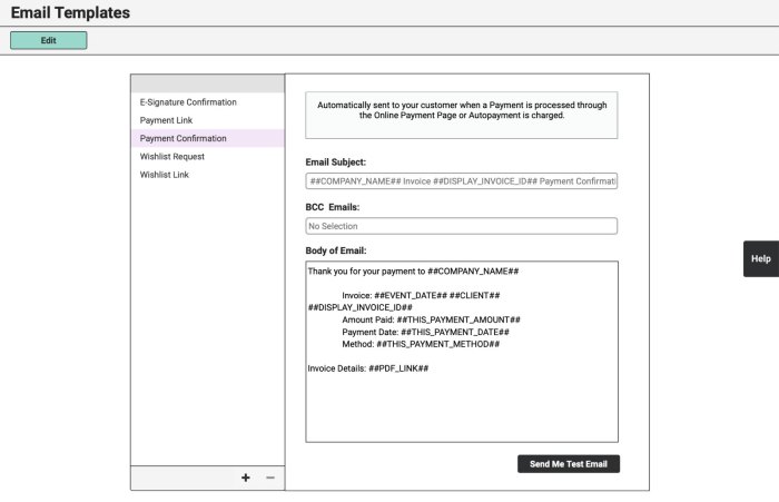 Confirmation payment email form ticket edit personalize builder message log