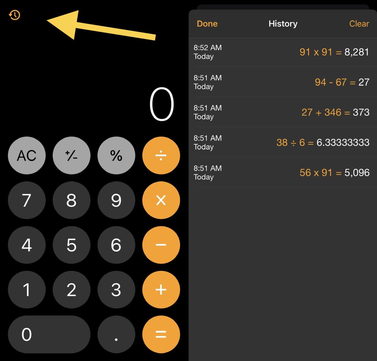 Cara melihat riwayat kalkulator iphone