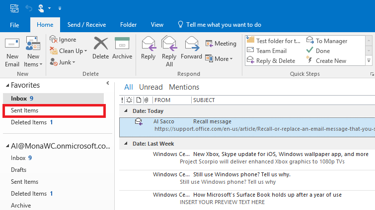 Recall email outlook