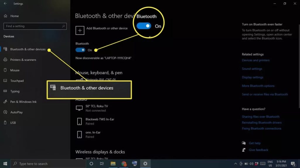 Bluetooth windows enable settings device add devices turn connect toggle switch app another click