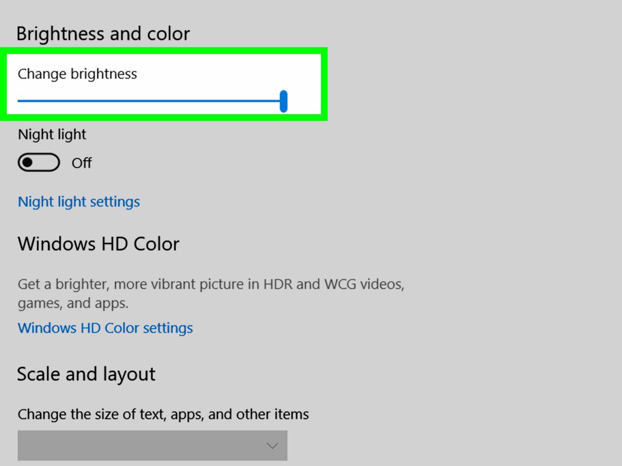 Brightness windows settings screen adjust reduce level increase