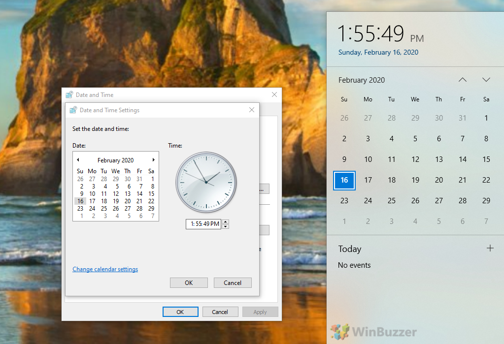 Time change windows date settings updated via