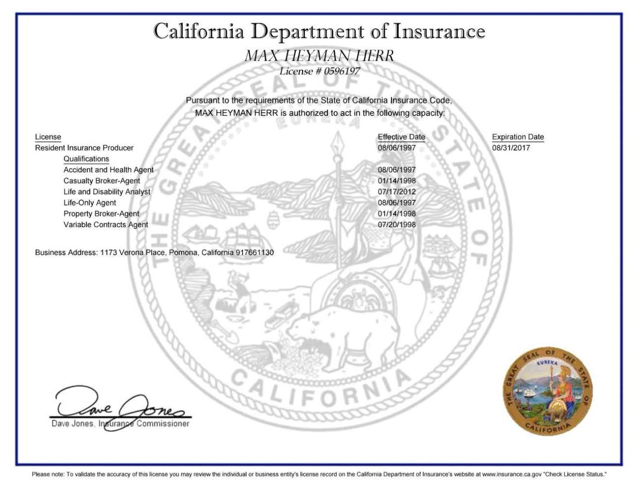 State of california life insurance