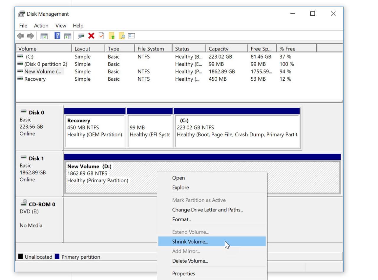 Partition shrink volume which