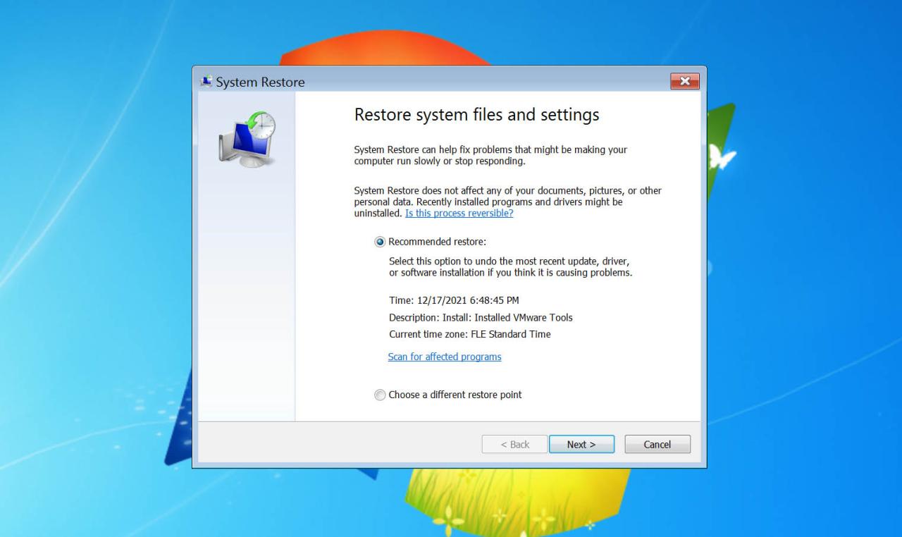 Cara mematikan system restore windows 7